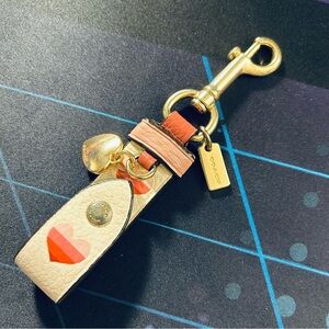 Coach Leather Pink and Gold Heart Keychain
